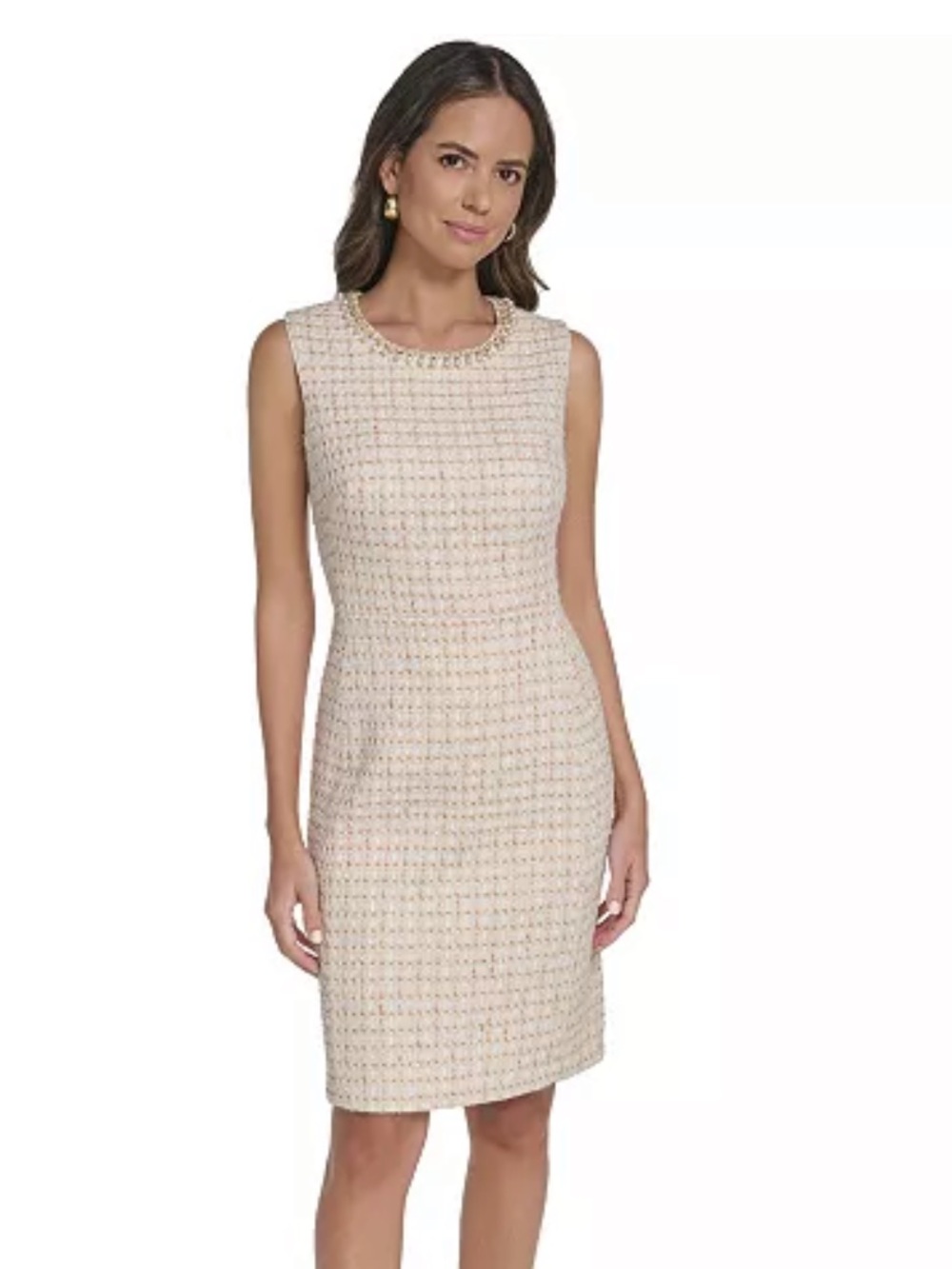 Eliza J Cream Tweed Sheath Dress with Beaded Neckline